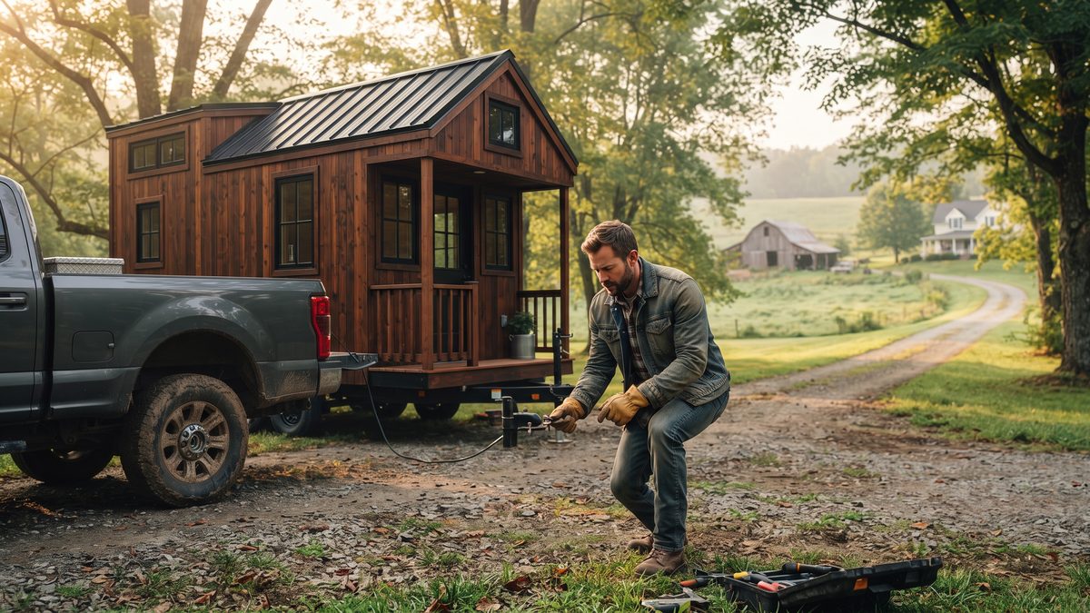Man hitching a tiny house trailer coupler to a heavy-duty pickup truck for a DIY move