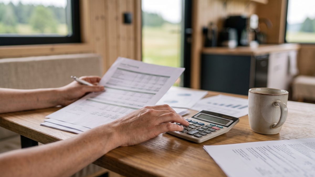 Homeowner reviewing tiny house insurance cost documents and a calculator at a kitchen table