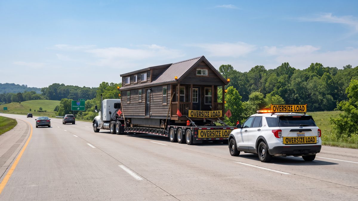 Wide tiny house on a flatbed heavy-haul trailer with an oversize load escort pilot car on a US highway