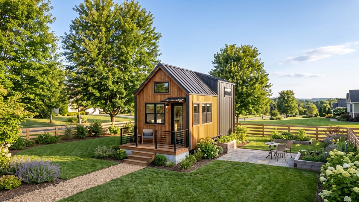 Mortgage-eligible tiny house on a permanent foundation with landscaped yard