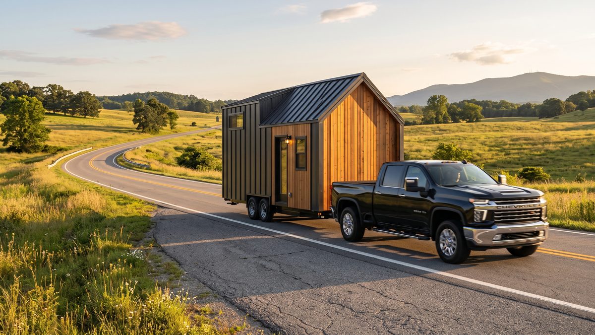 RVIA-certified tiny house on wheels being towed by a pickup truck, the type financed with an RV loan