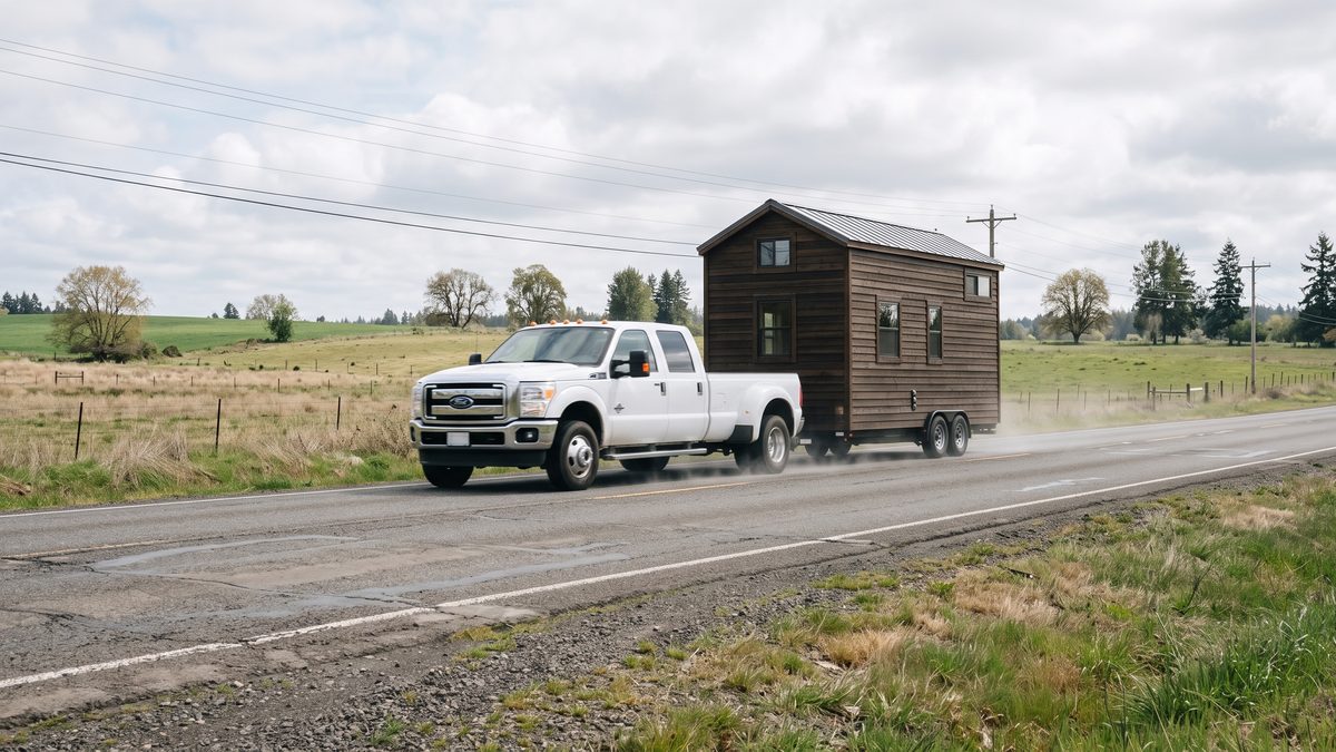 Pickup truck towing a tiny house on wheels on a rural road, covered by a transit endorsement