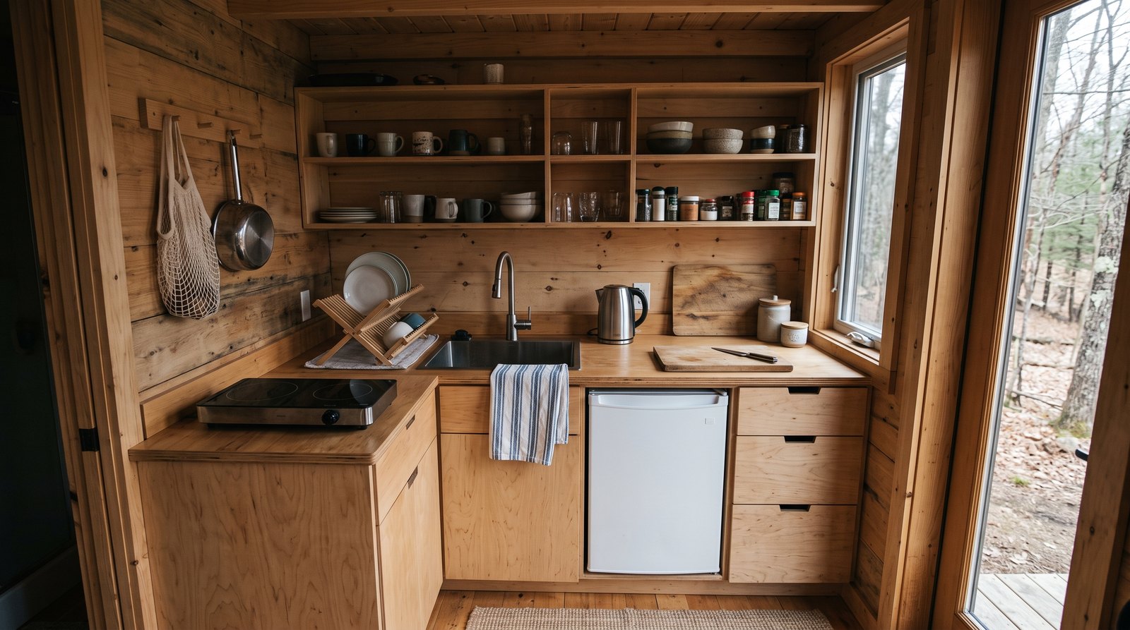 Compact tiny house kitchen with a two burner cooktop, deep single basin sink and under counter fridge