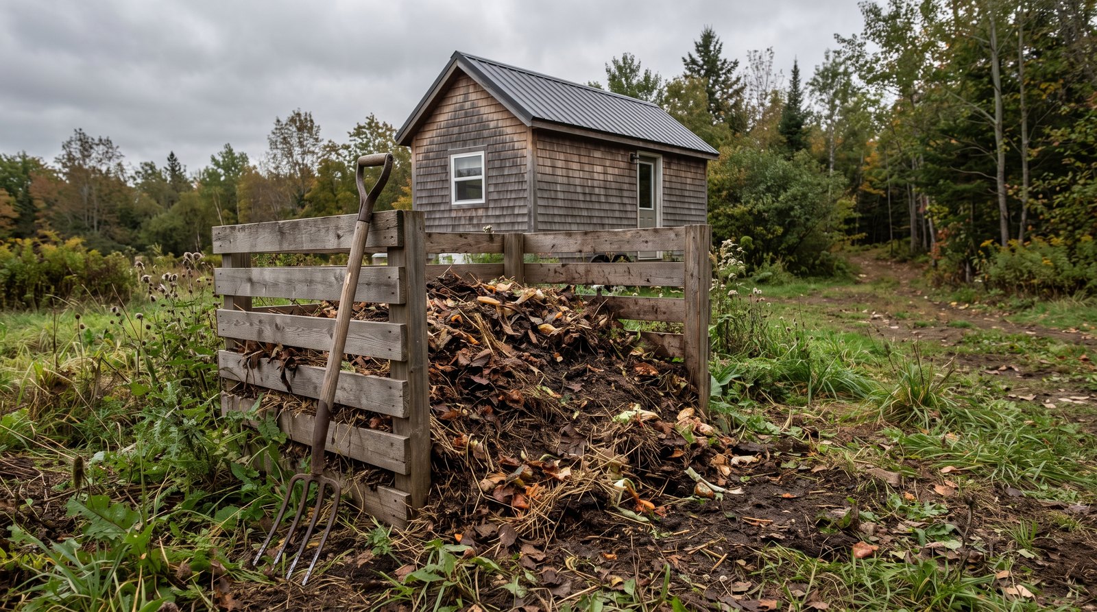 Compost pile in a wood slat bin on the ground behind a small tiny house