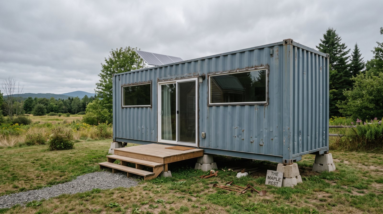 Shipping container home on concrete pier blocks with a wooden deck on a rural lot under an overcast sky