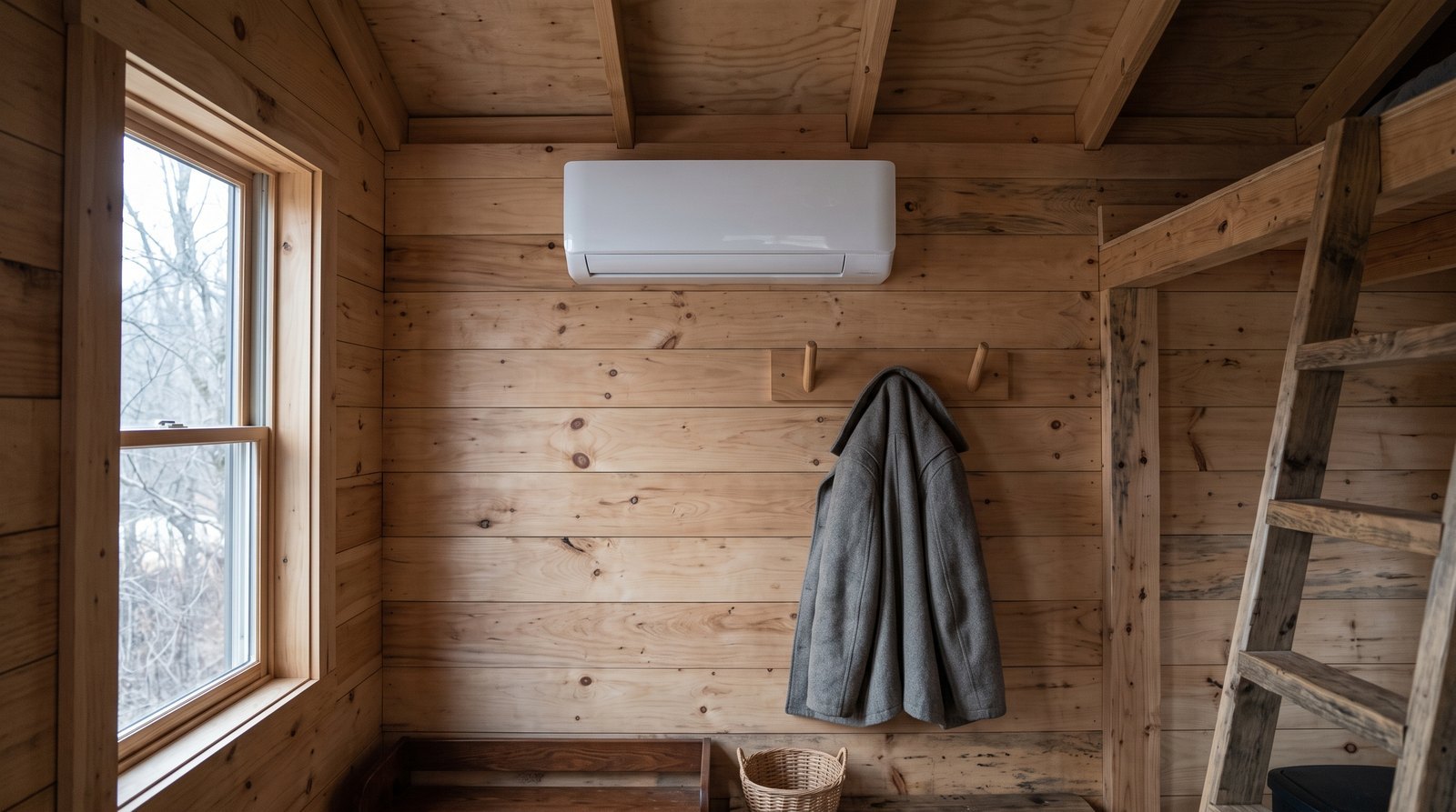 Indoor head of a mini split mounted high on the plank wall of a tiny house interior