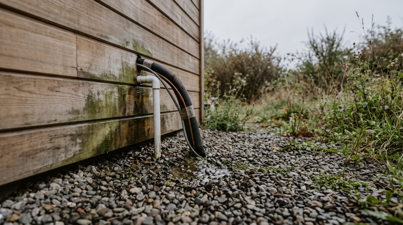Condensate drain line and insulated line set exiting a tiny house wall into gravel