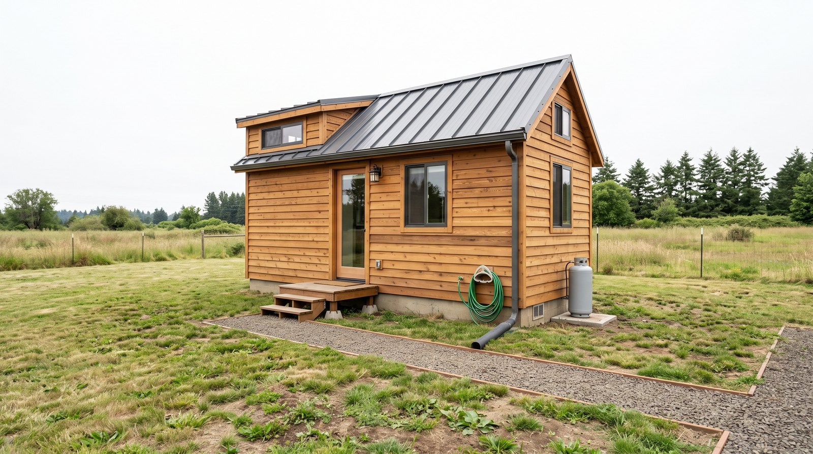 Small tiny house with stained cedar siding, metal roof, propane tank and garden hose
