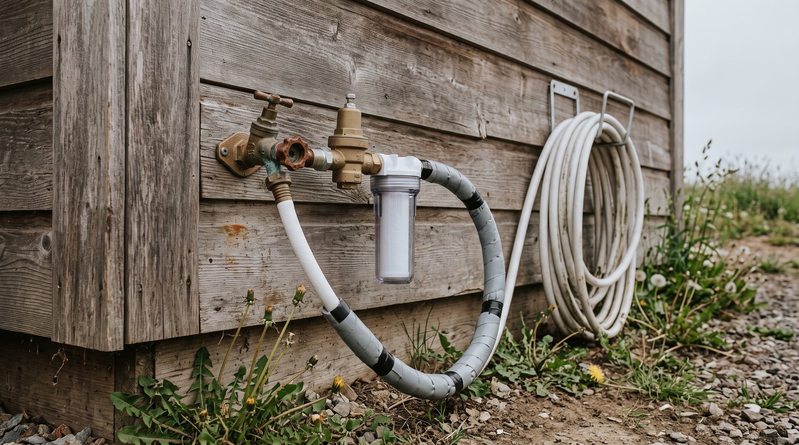 City water hookup on a tiny house exterior wall with a brass pressure regulator, inline filter, and heat tape on the line