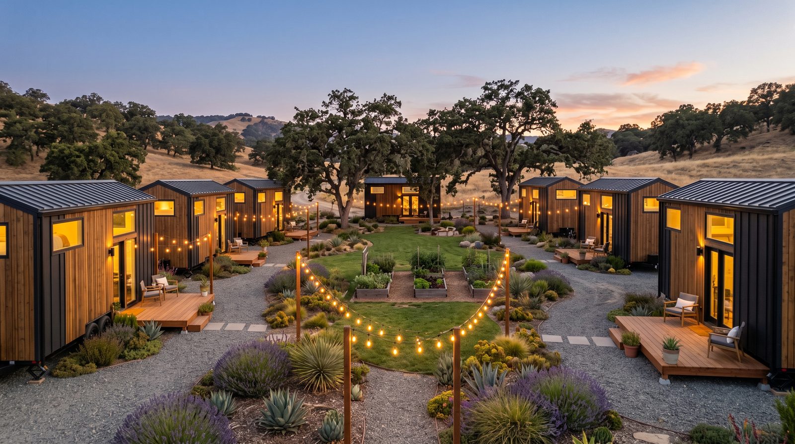 A small community of modern tiny houses around a shared courtyard with string lights in California at dusk