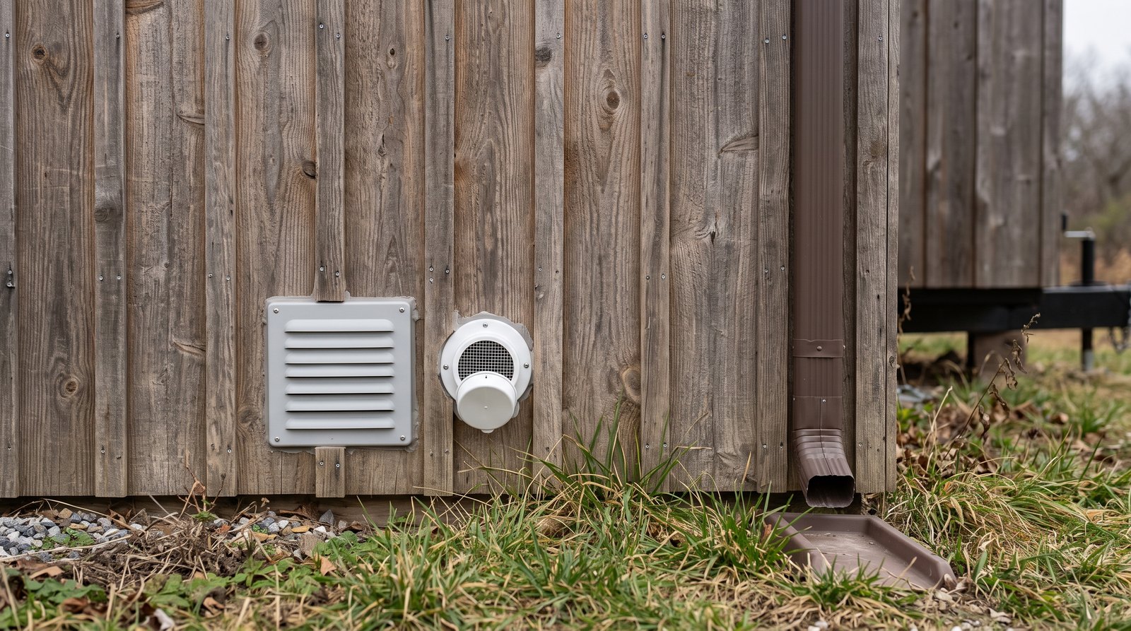 Exterior vent cap and fan cover mounted low on the wood siding of a tiny house