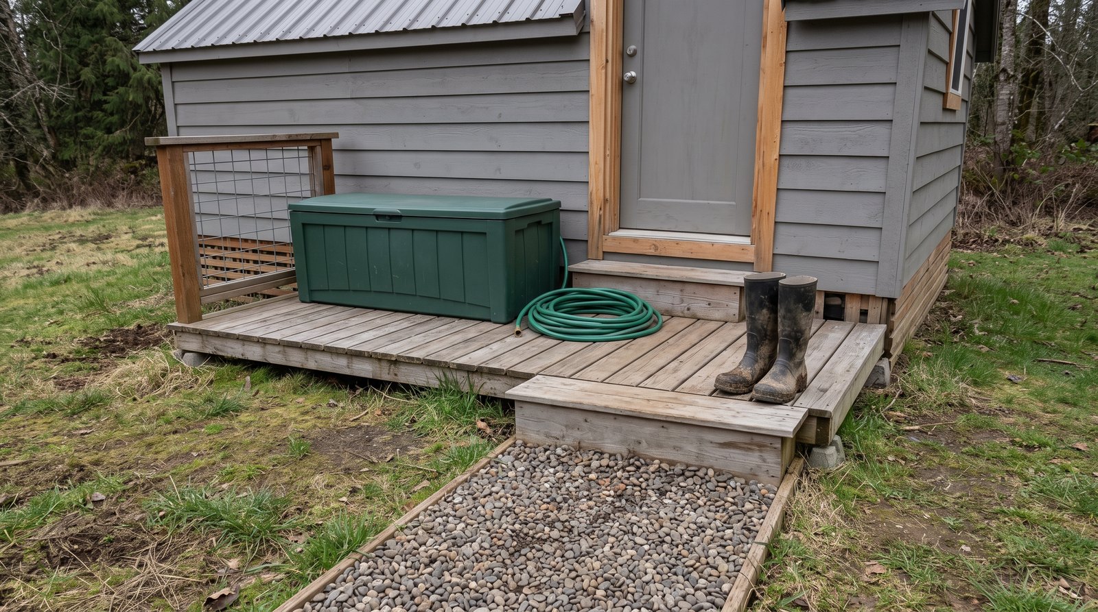 Weatherproof deck storage box on a tiny house porch with a coiled hose and muddy boots