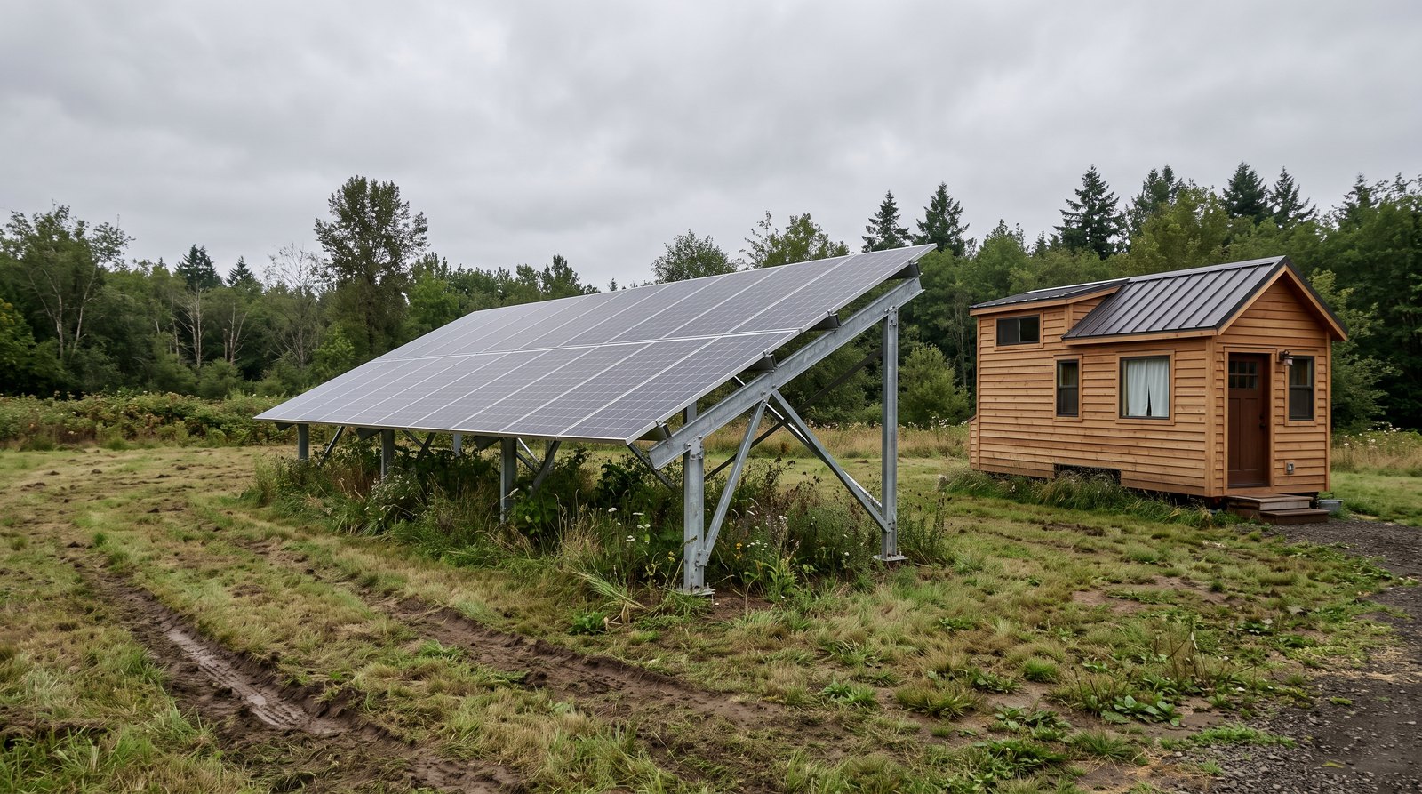 Ground mounted solar array on a galvanized steel frame beside a small tiny house on an overcast day