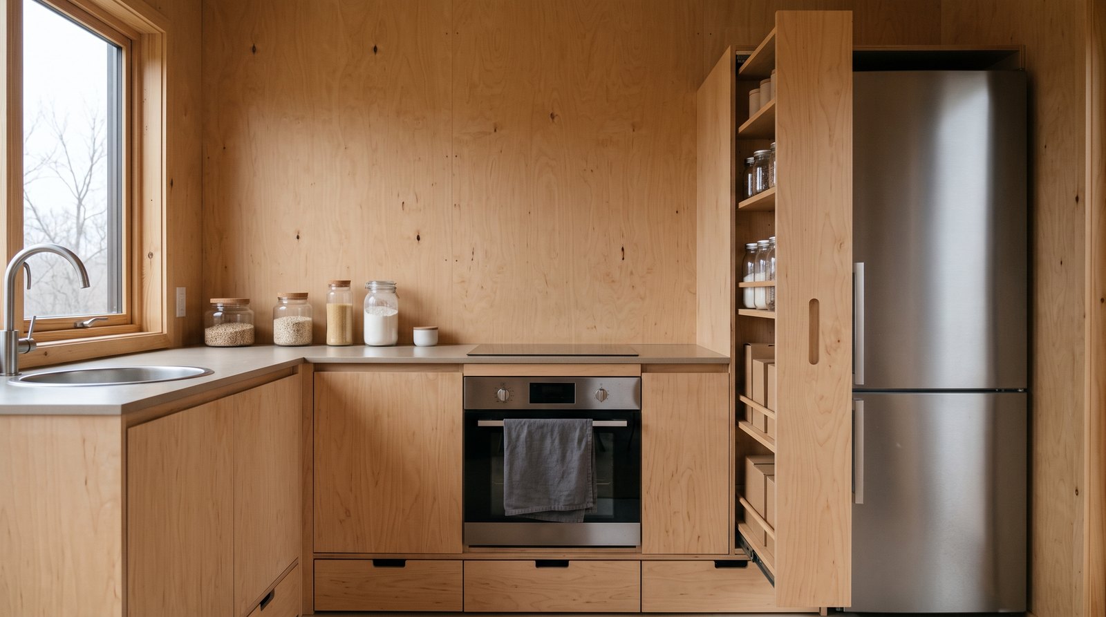 Tiny house kitchen with a narrow pull out pantry beside the fridge and toe kick drawers under the base cabinets
