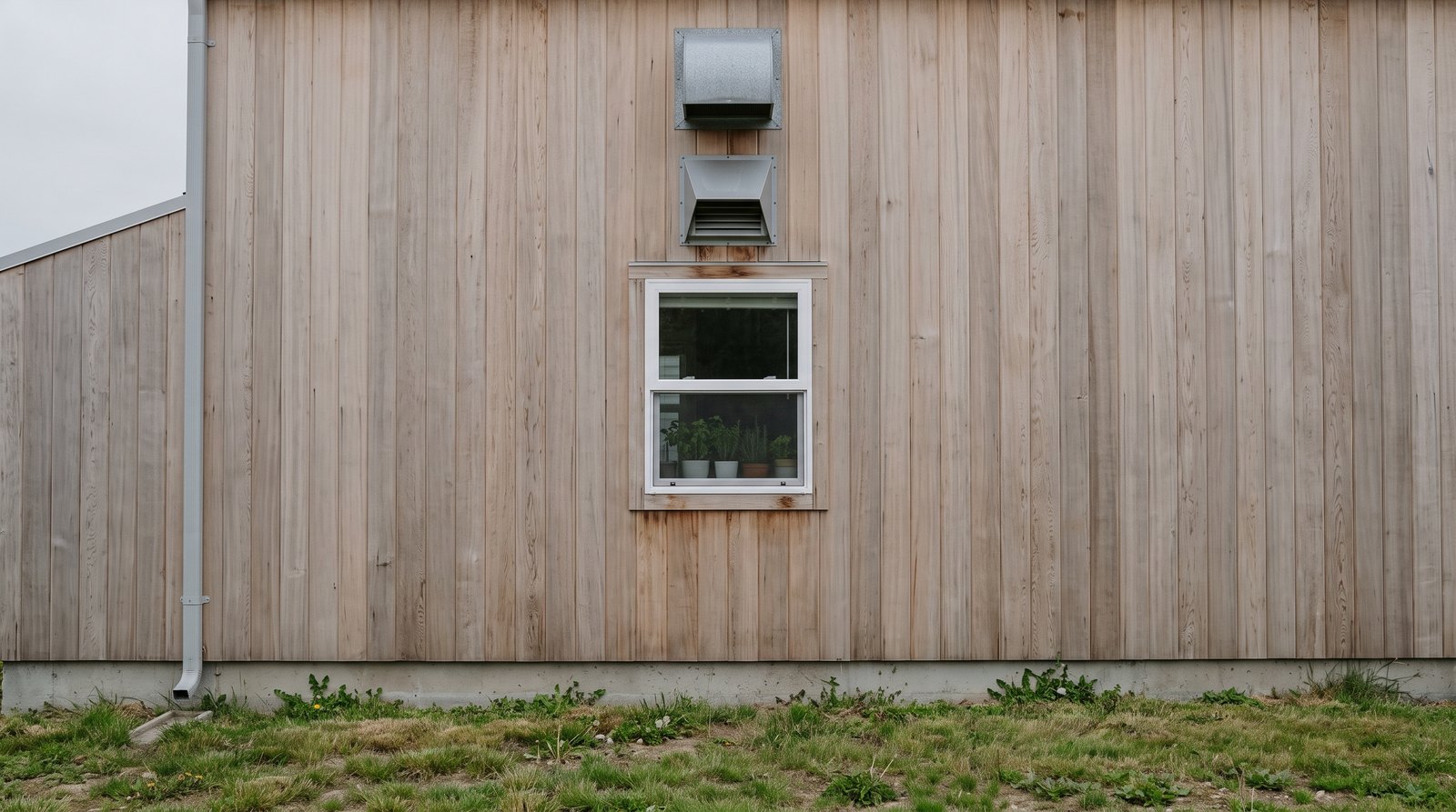 Exterior range hood vent above a tiny house kitchen window