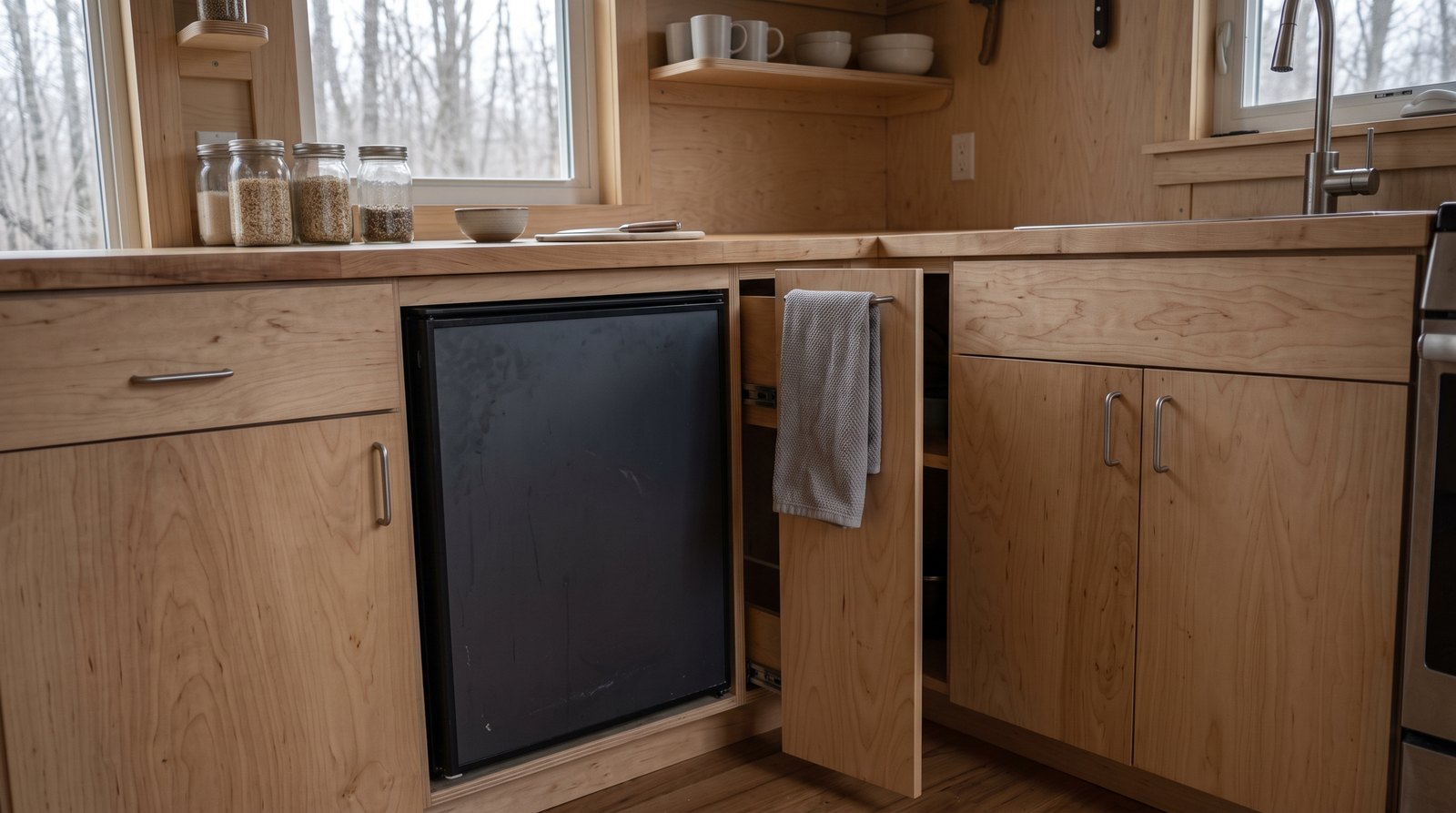 Under counter refrigerator and pull out pantry in a plywood tiny house kitchen