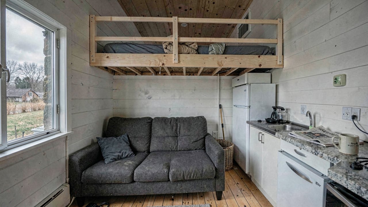 Main floor of a small tiny house with a sofa, compact kitchen and a sleeping loft above