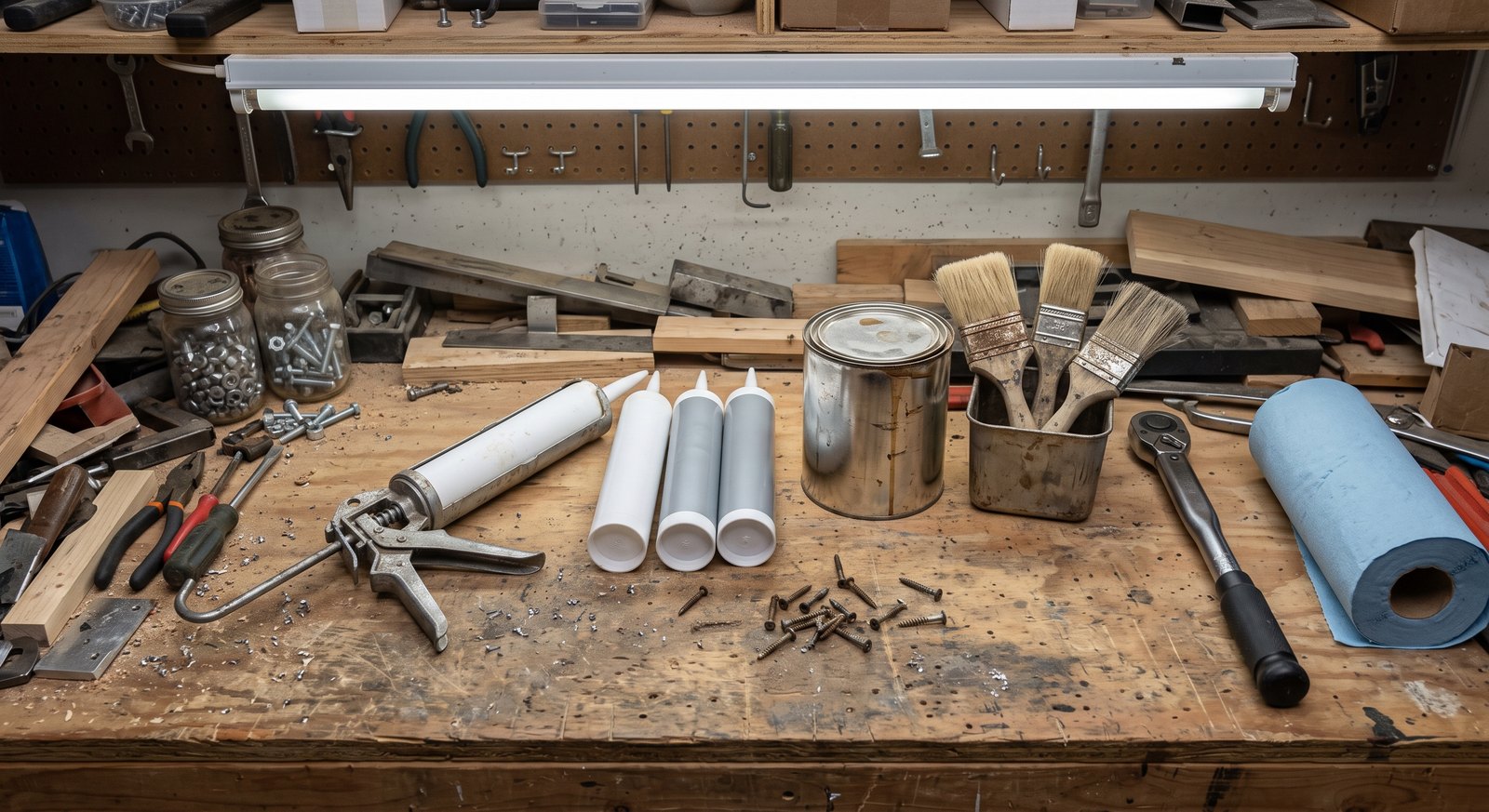 Workbench with sealant tubes, caulking gun, brushes and stain for tiny house upkeep