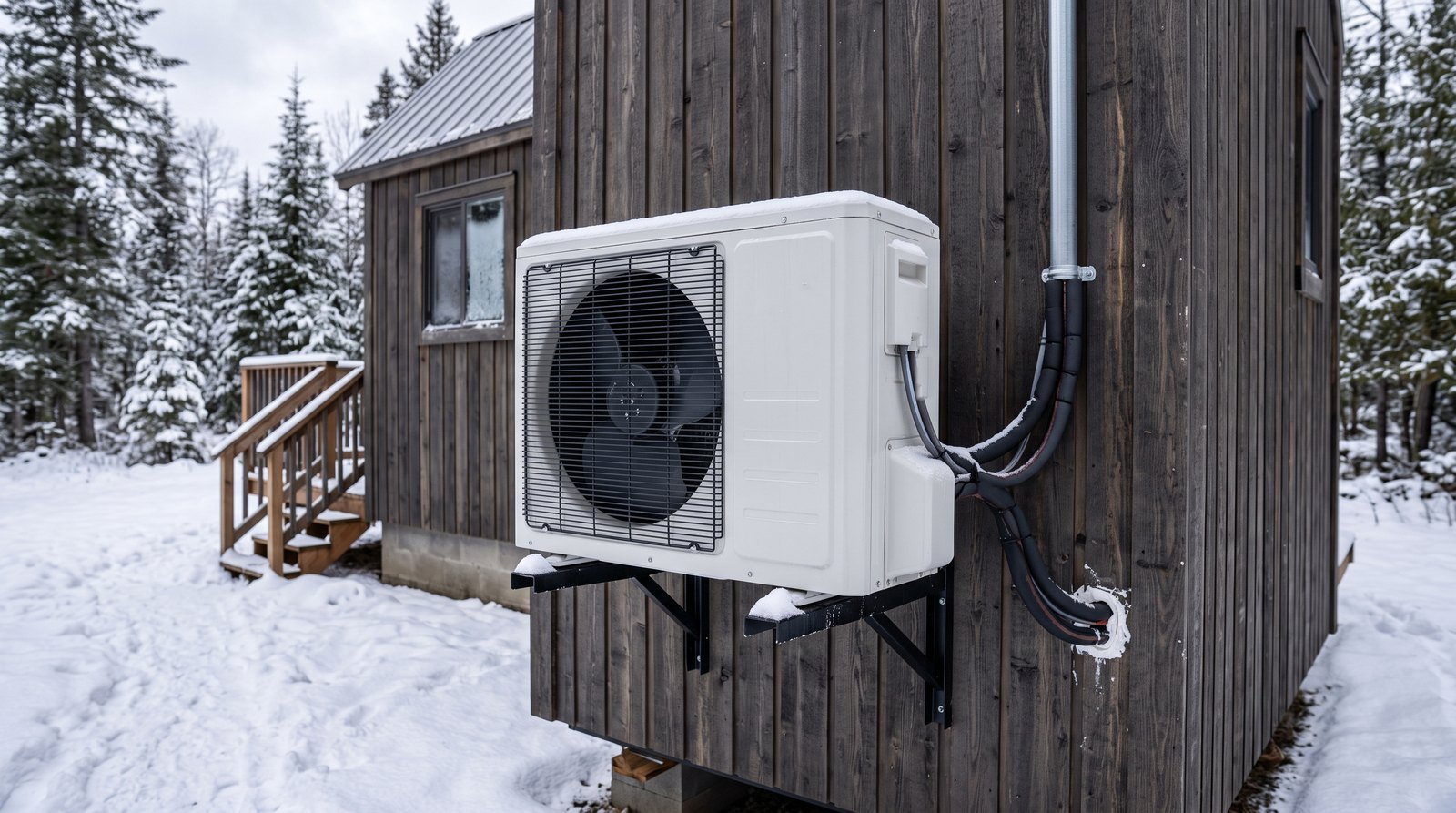 A mini split heat pump outdoor condenser mounted on the wall of a tiny house with snow on the ground