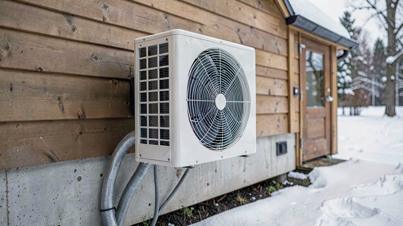 A mini split heat pump outdoor condenser mounted on the wall of a tiny house with snow on the ground