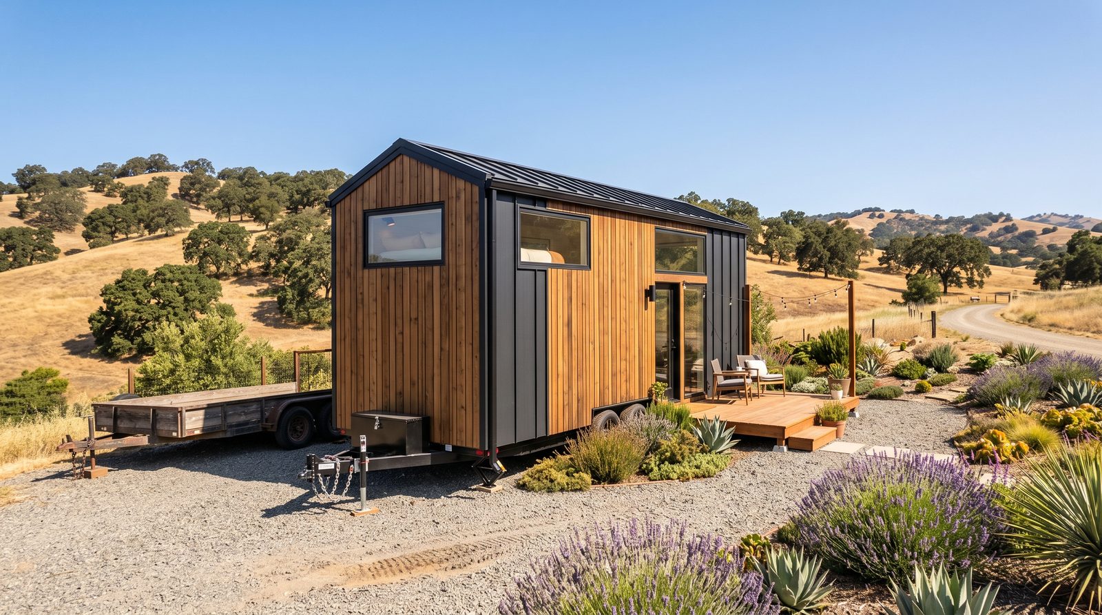 A tiny house on wheels with a trailer parked in a rural California setting with golden hills