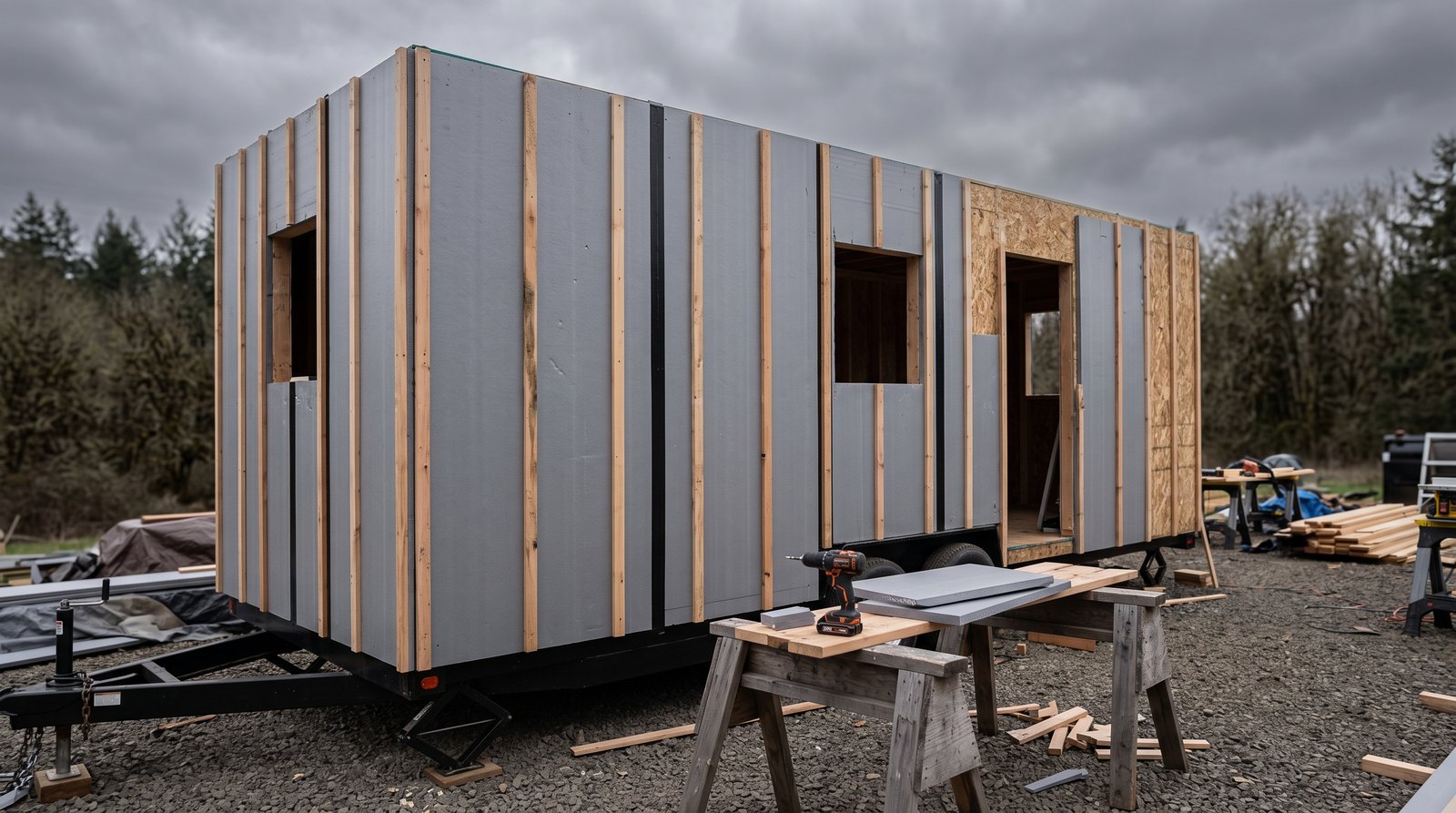 Rigid foam board sheathing and furring strips installed on the exterior wall of a tiny house on a trailer
