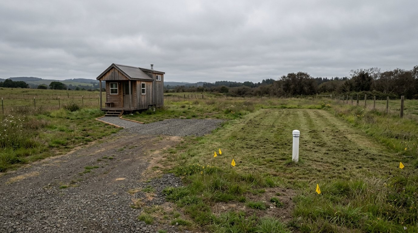 Tiny house on a rural parcel beside a mown septic drain field and a white well head pipe