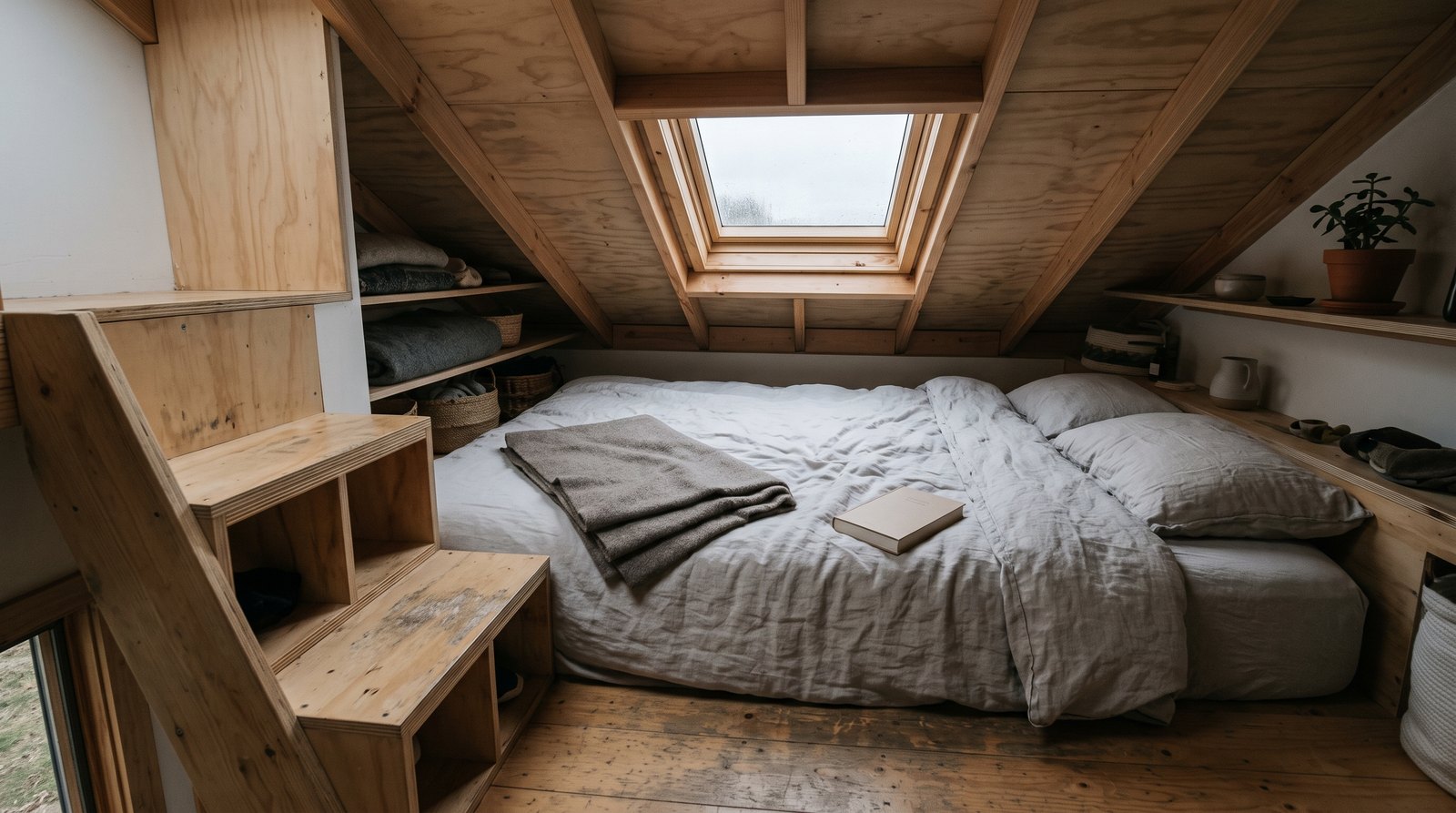 Tiny house sleeping loft with a queen mattress under a low ceiling and storage stairs leading down