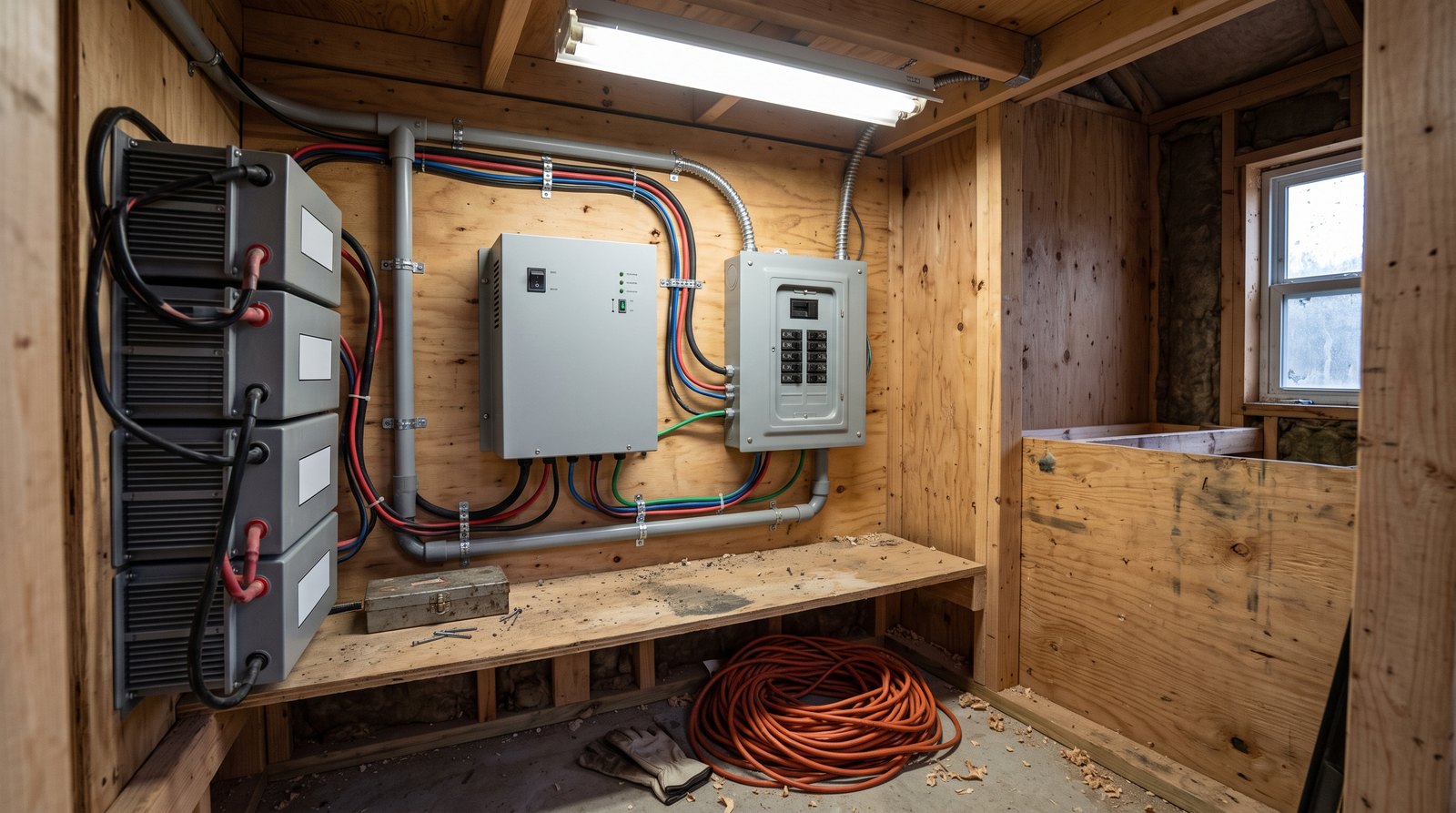 Tiny house utility closet with a wall mounted lithium battery bank, an inverter and a breaker panel wired in conduit