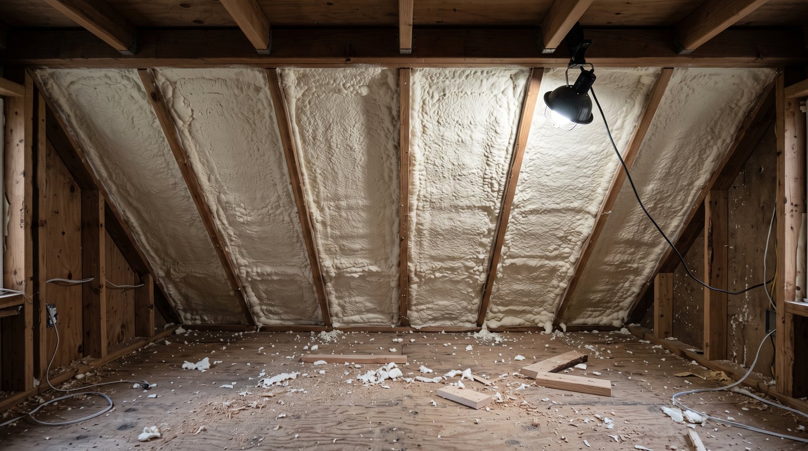 Closed cell spray foam insulation applied between the rafters of a tiny house ceiling