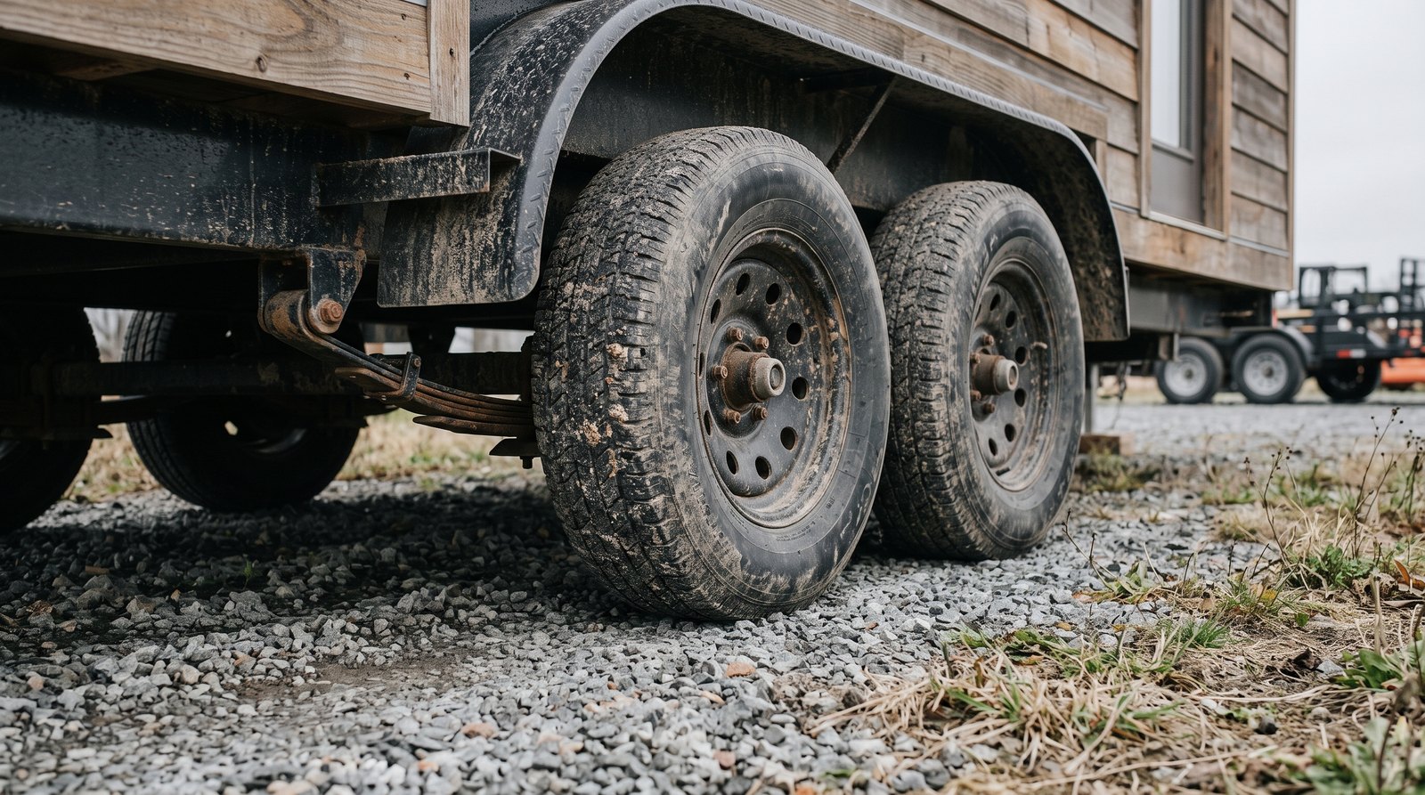Tandem axles, leaf springs and tires under a tiny house trailer on a gravel lot