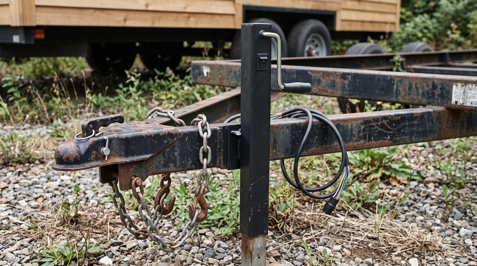 Trailer tongue, coupler, safety chains and electric jack on a tiny house trailer