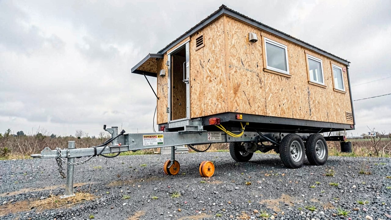 Tiny house on wheels on a gravel pad showing the steel trailer frame, axles and undercarriage