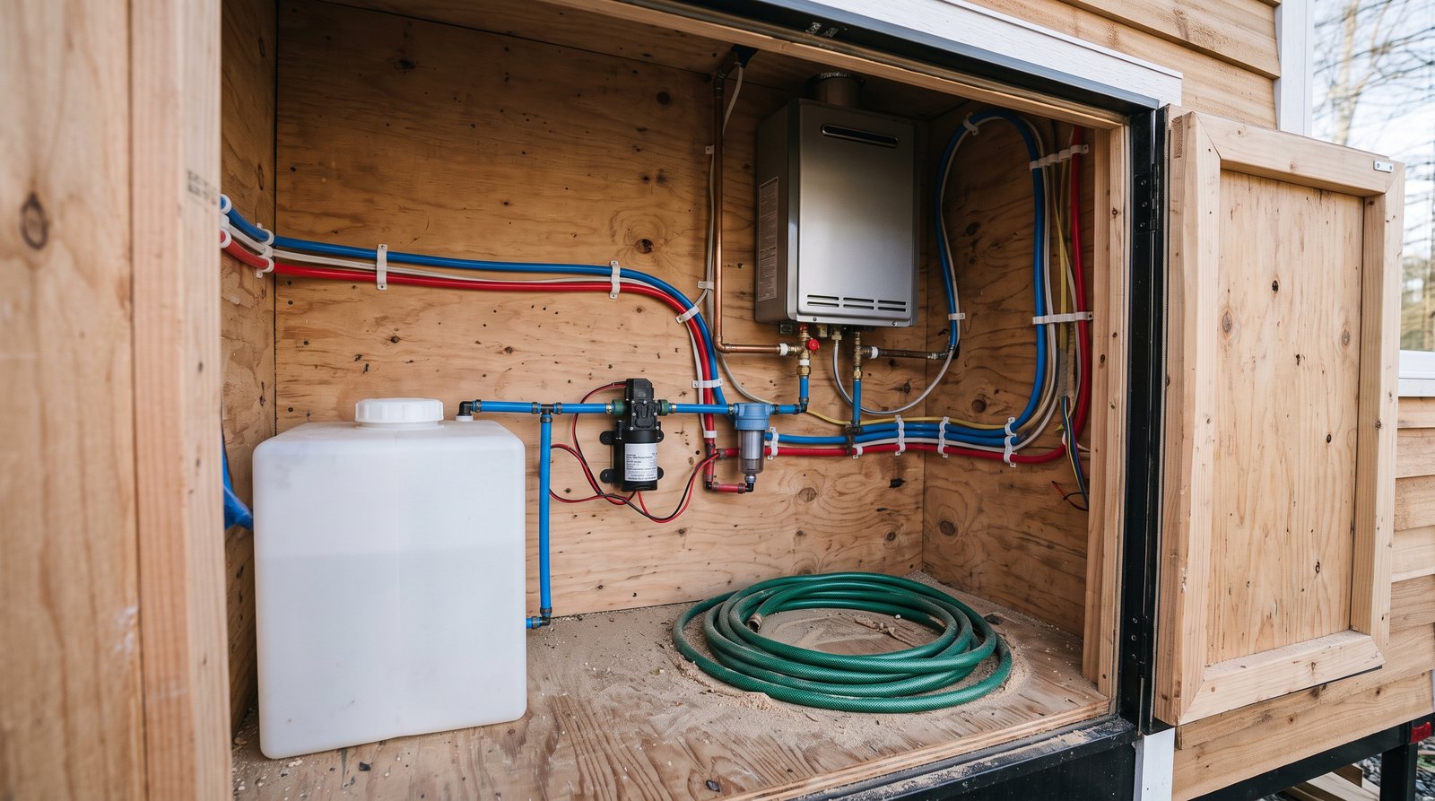 Tiny house utility bay with a fresh water tank, 12 volt water pump, inline filter, and tankless propane water heater