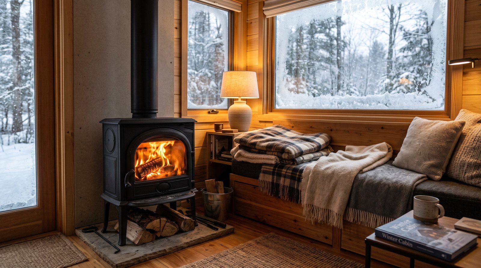 Cast iron wood stove with a vertical flue heating the pine panelled interior of a tiny house in winter