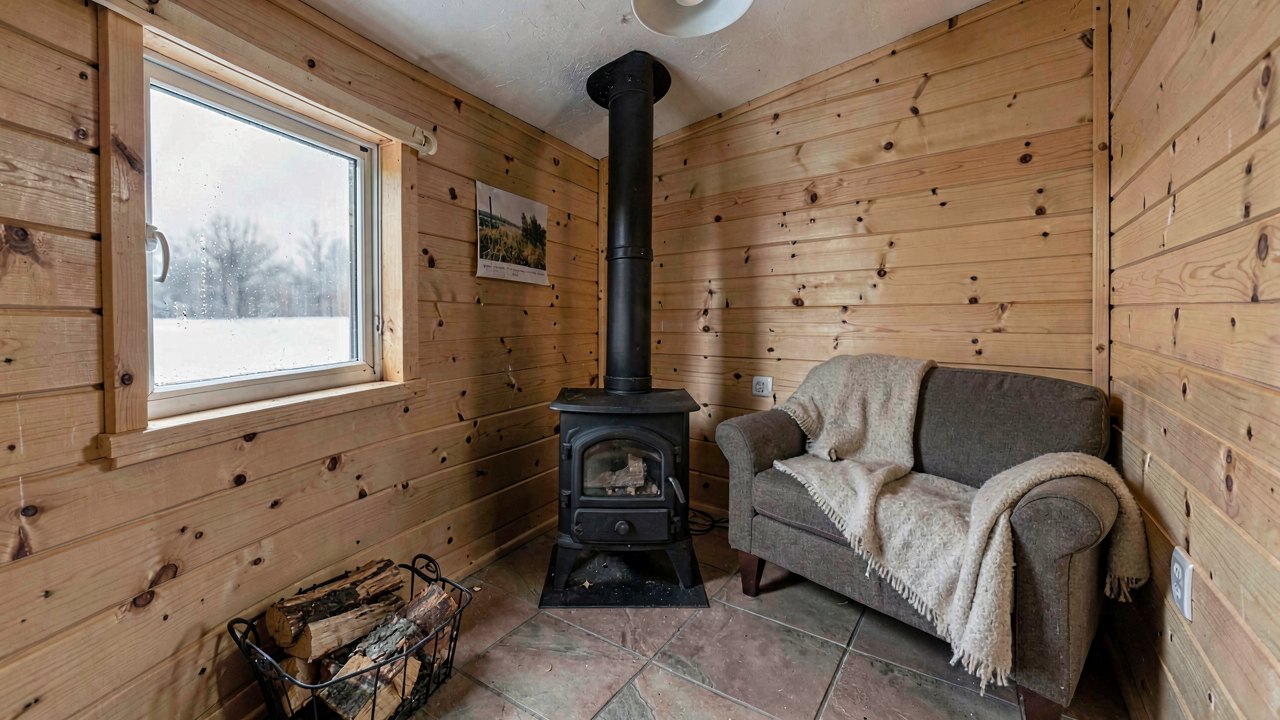 Cast iron wood stove with a vertical flue heating the pine panelled interior of a tiny house in winter