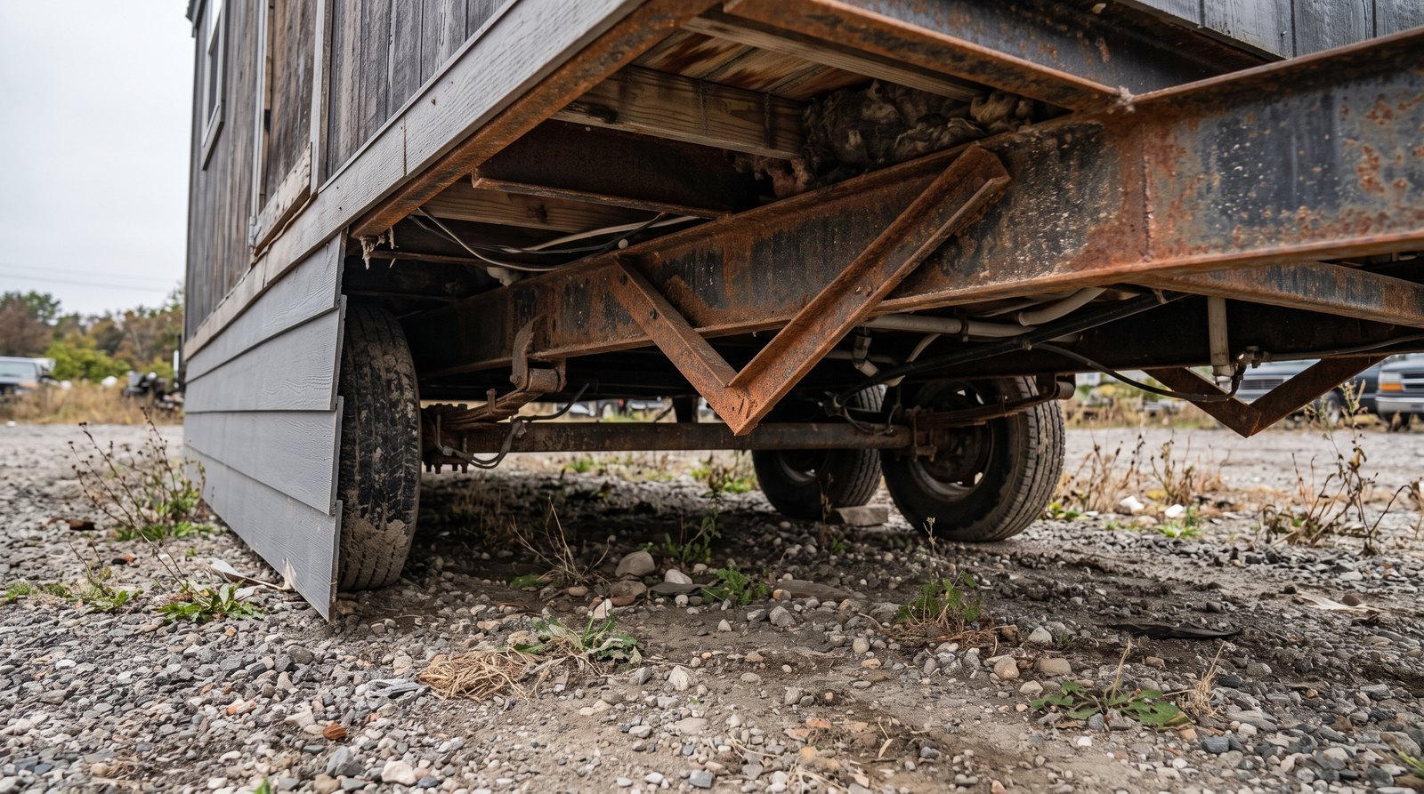 Rusty steel trailer frame and tandem axles under a used tiny house, seen low from the side
