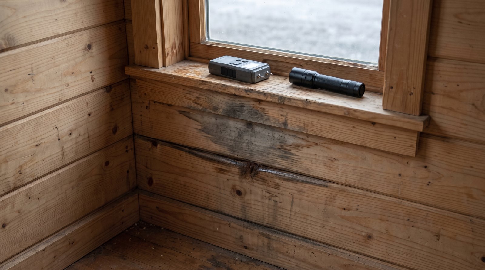 Water staining and a swollen plank seam below a tiny house window with a moisture meter on the sill
