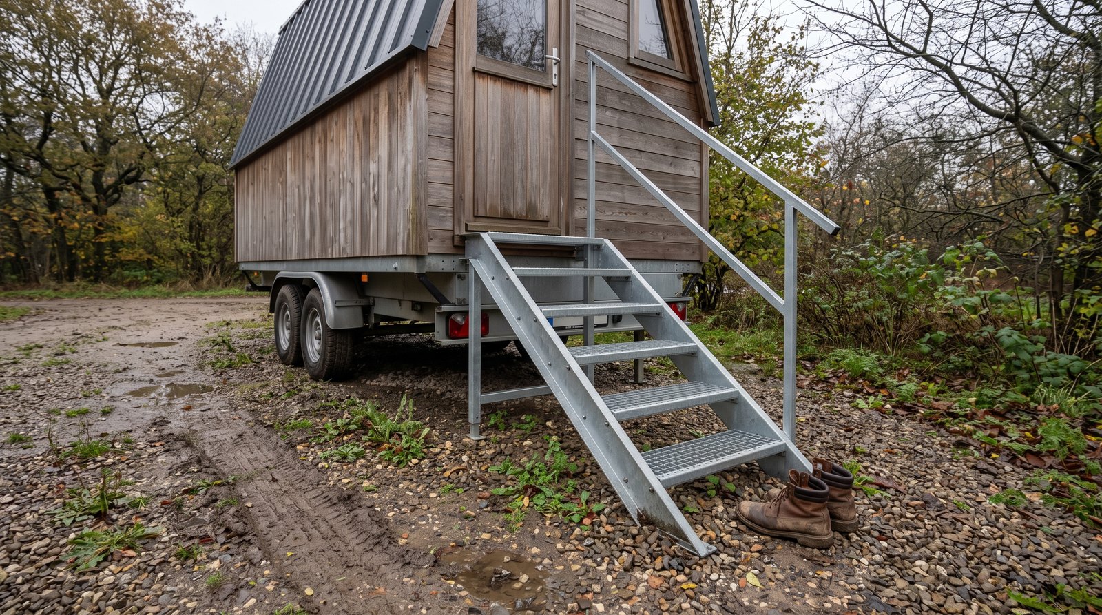 Adjustable metal entry steps with non-slip treads and a handrail beside a tiny house on wheels
