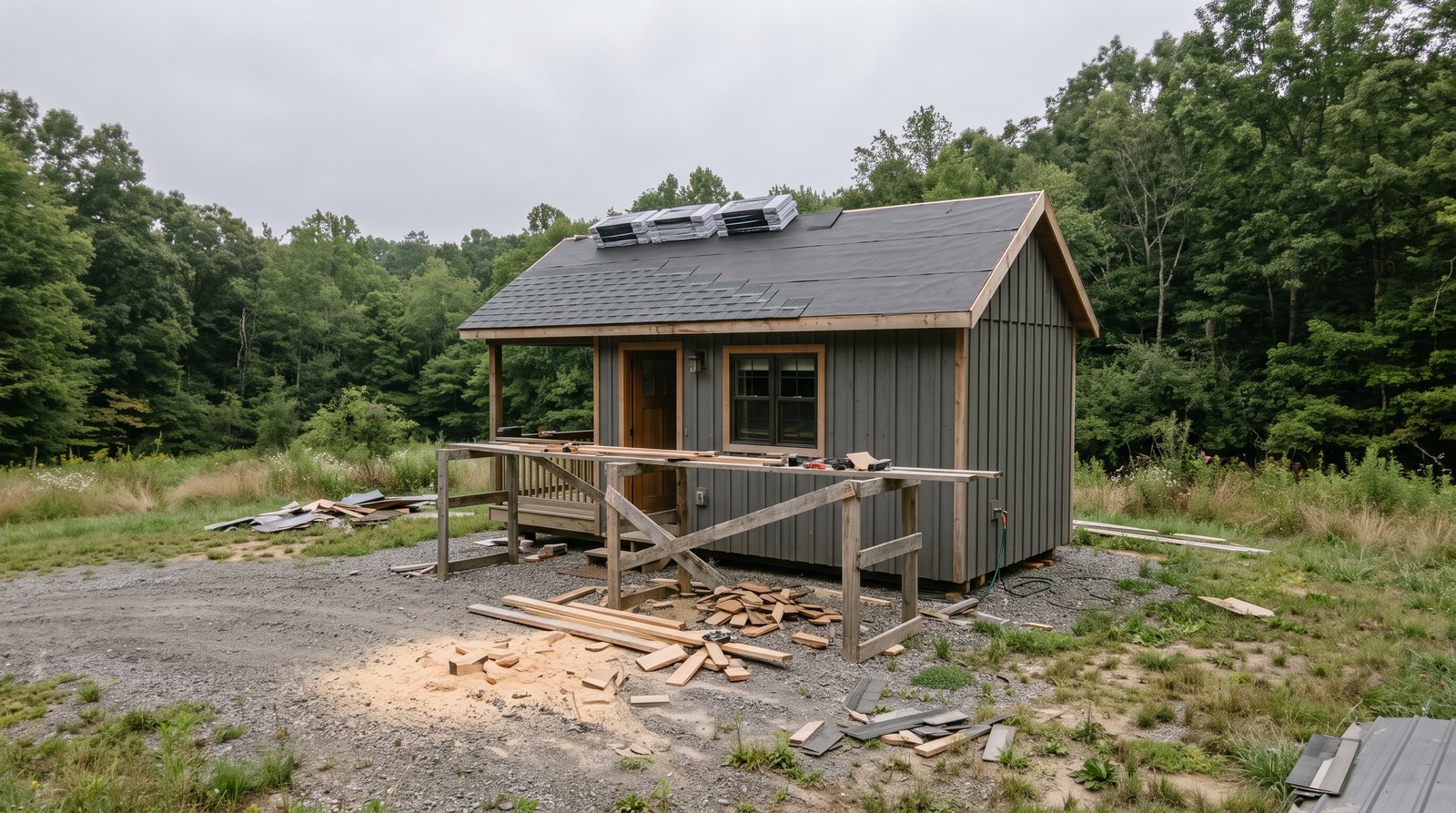 Asphalt shingles being installed on a tiny house roof under construction