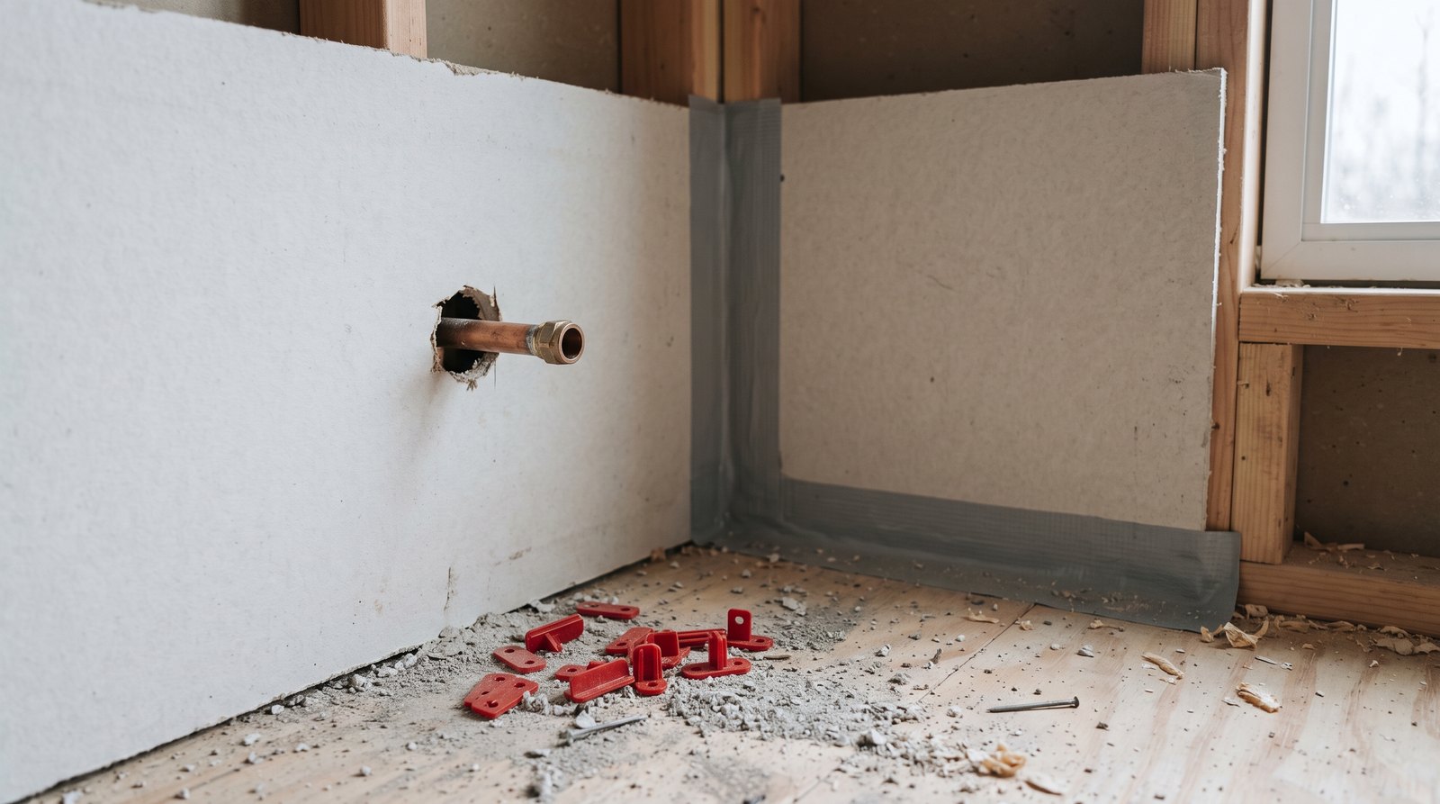 Waterproof backer board and corner membrane during tiny house shower installation