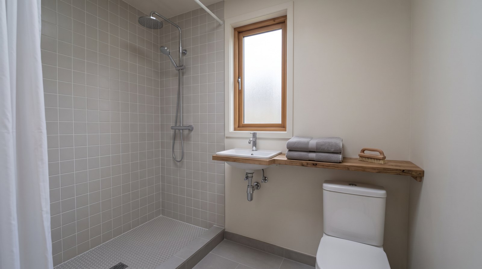 Tiny house bathroom with tiled shower and painted dry-zone walls