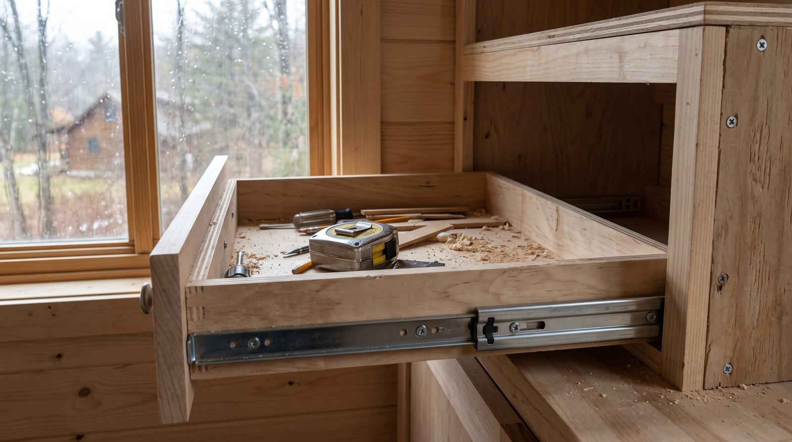 Open tiny house drawer showing locking slides and mounting hardware