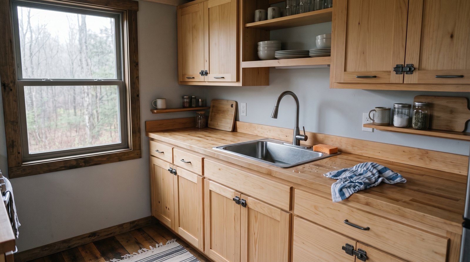 Tiny house kitchen cabinets with positive travel latches and low-profile pulls