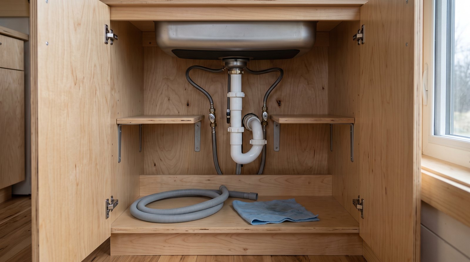 Open plywood sink-base cabinet with neat plumbing and sealed edges