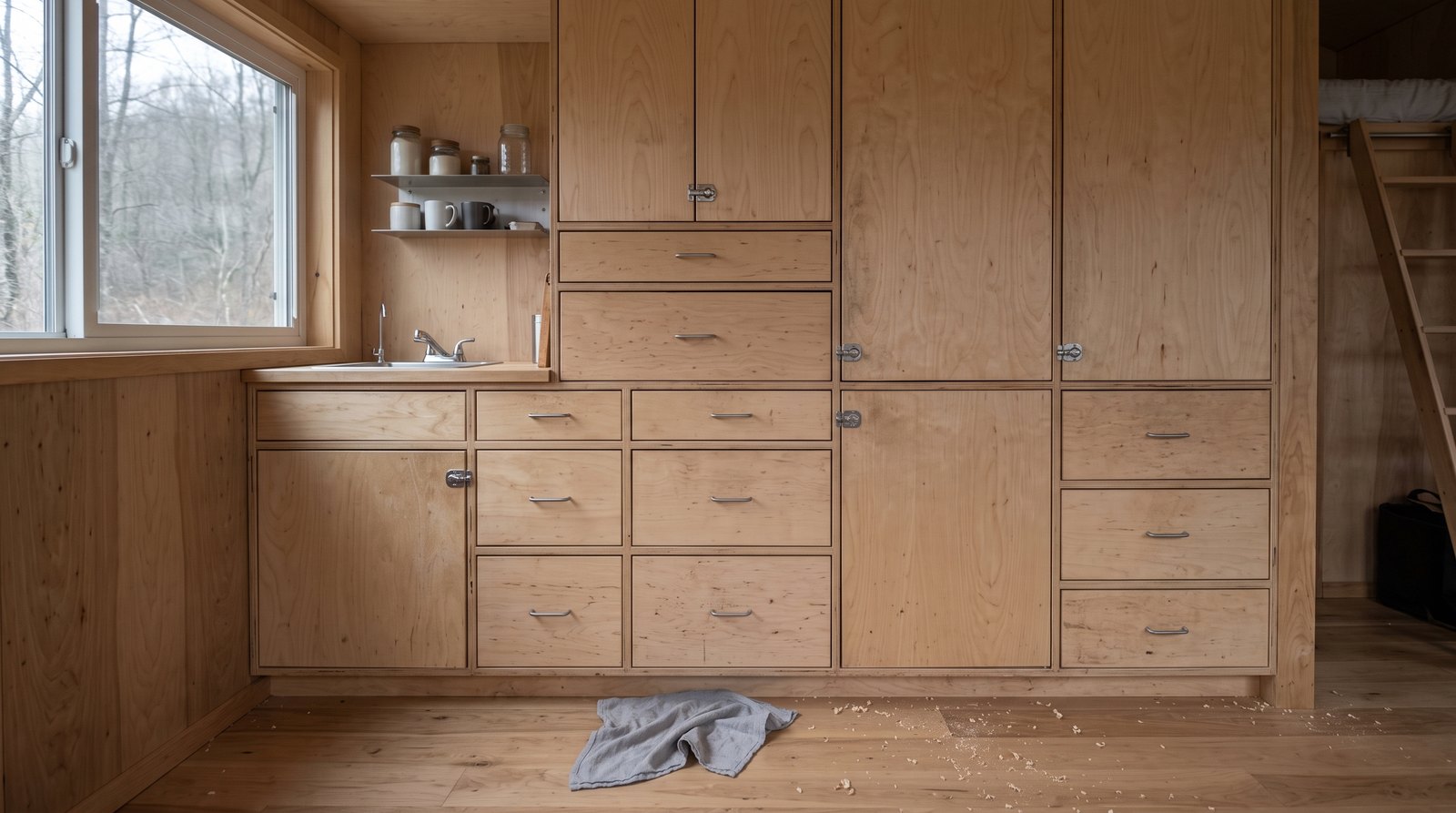 Compact tiny house cabinet wall with drawers and travel latches