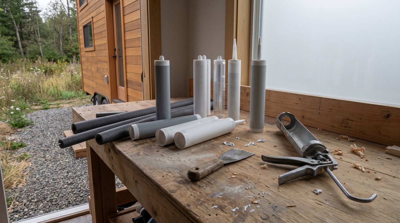 Sealant tubes, backer rod, scraper, and caulk gun on a workbench beside a tiny house