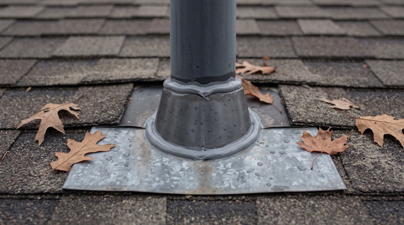 Roof penetration with metal flashing and a flexible sealant bead on a tiny house
