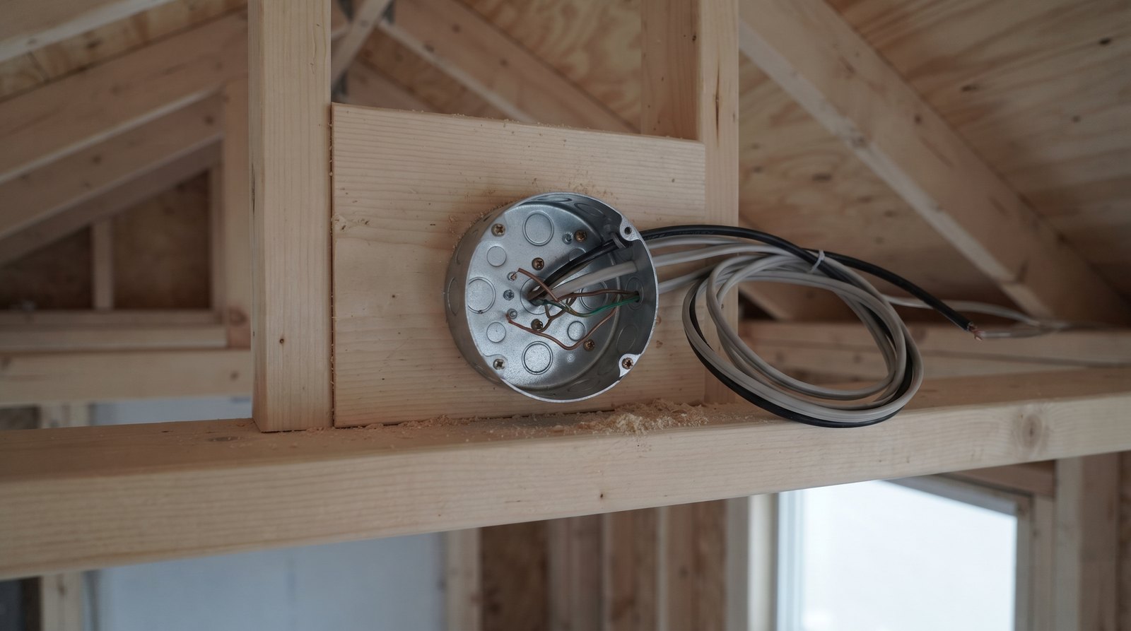 Ceiling electrical box secured to solid blocking in a tiny house