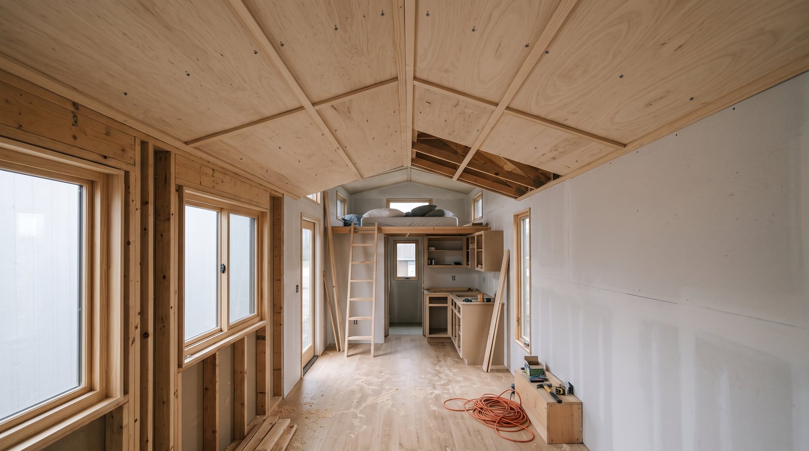 Tiny house interior with lightweight plywood ceiling panels during installation